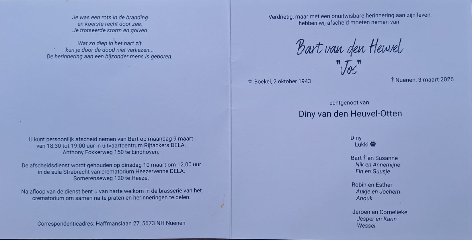 Overlijden Bart van den Heuvel sr