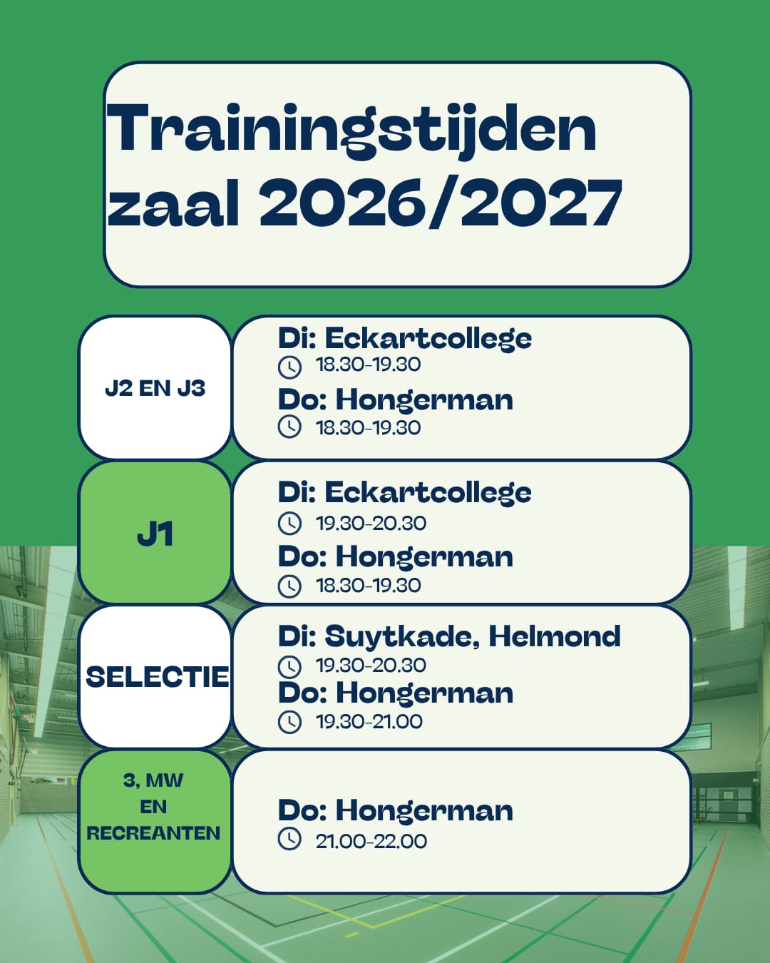 Trainingstijden zaal 2026/2027